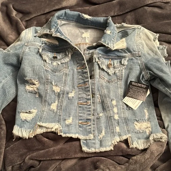 NWT heavily distressed denim jacket w/ Louis Vuitton tan and black scarf print. - Picture 3 of 10